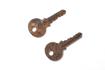 An image of an old rusty key isolate on white background. An image of an object used for graphic design work.