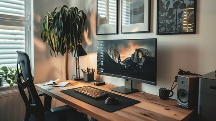 A home office workspace with a computer, desk lamp and plants.