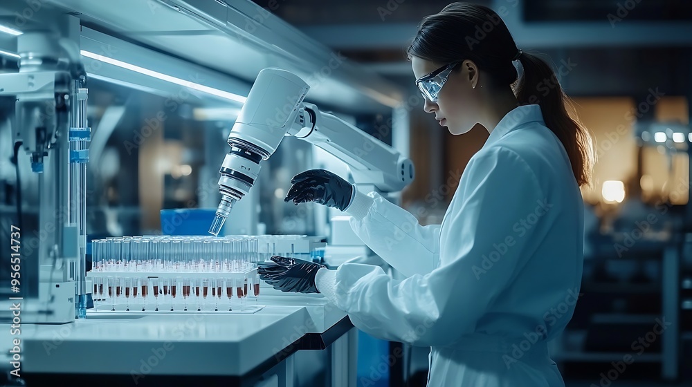 Leinwandbilder Medical scientist loading samples in robot machine for biochemical automatic testing blood laboratories : Generative AI