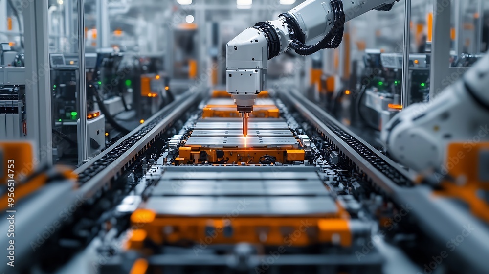 Aufkleber front view electric car battery manufacturing line industrial robot arms assemble lithiumion ev batt