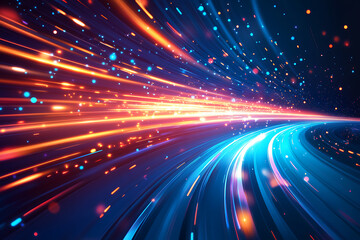 Obraz premium Dynamic abstract image of vibrant light trails and colorful particles converging towards a bright center, symbolizing speed and energy