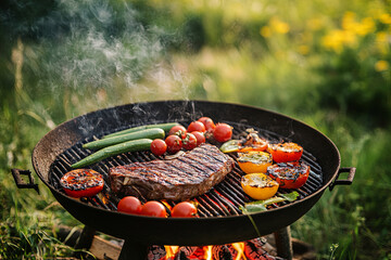 Summer barbecue cooking over a hot fire with assorted vegetables, T-bone steak and spicy chicken legs sizzling on the grill in a green meadow