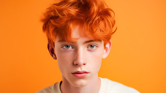 Portrait of a happy serious red-haired confident teenage guy with perfect skin, orange background, banner.