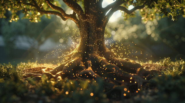 Medium close-up of a sacred tree with roots and branches glowing with divine energy, representing life and creation.