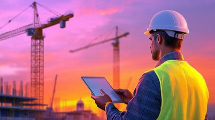 A construction worker reviews plans on a tablet during a stunning sunset at a building site, highlighting modern industry.