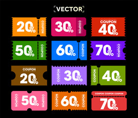 Set of special promotional vector coupons with percentage off, in different colors, isolated on dark. Coupon set, minimal coupon book. Discount voucher ticket. 3d vector illustration. Vector