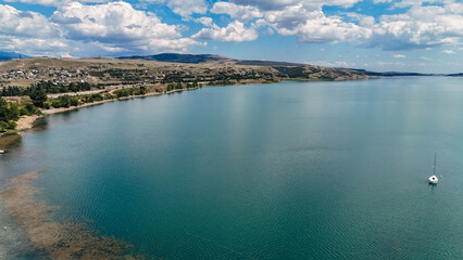 Nice aerial view of Tbilisi Sea with blue clouds. Travel in Georgia