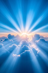 Fototapeta premium A serene sky displaying radiant rays of sunlight piercing through fluffy clouds, creating a tranquil and uplifting atmosphere.