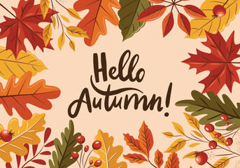 Colorful autumn card with leaves and berries. Lettering Hello autumn