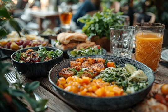 A beautifully set farm-to-table dining table outdoors, surrounded by fresh vegetables and herbs. Generative AI