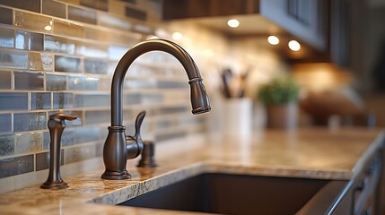 A kitchen faucet detail with wood cabinets an oil rubbed bronze faucet quartz countertop and glass and stone tile backsplash : Generative AI