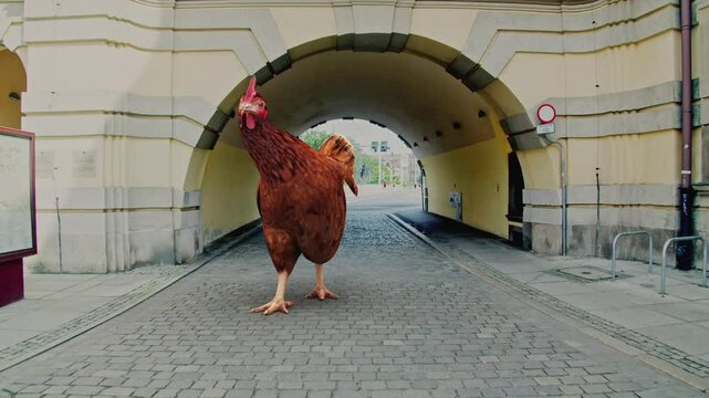 A giant chicken walks through the city and dances to music. Integrated 3d graphics into video