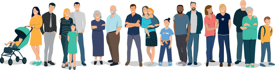 illustration vectorielle montrant des personnages, hommes, femmes, enfants, jeunes ou vieux, famille ou couple LGBT