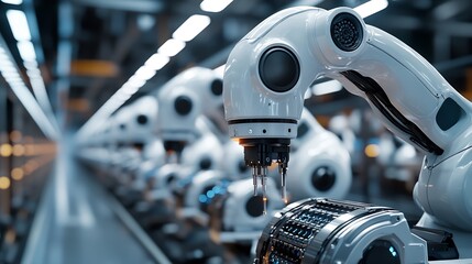 Fototapeta premium Industrial Robot Arms Assemble LithiumIon EV Battery Pack Row of White Robotic Arms at Automated Production Line at Bright Modern Factory Electric Car Manufacturing Inside Automotive S : Generative AI