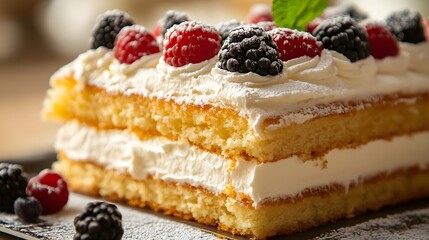 Delicious berry layer cake with fresh whipped cream and powdered sugar garnish