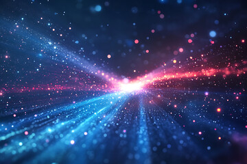Dynamic abstract image of vibrant light trails and colorful particles converging towards a bright center, symbolizing speed and energy