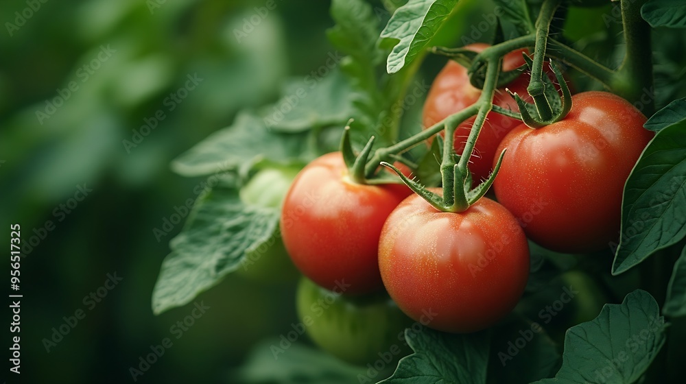 Poster ripe red tomatoes are on the green foliage background hanging on the vine of a tomato tree in the ga