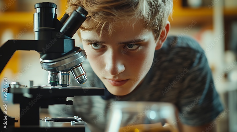Poster Adolescent student looking at sample under the microscope science and education concept : Generative AI