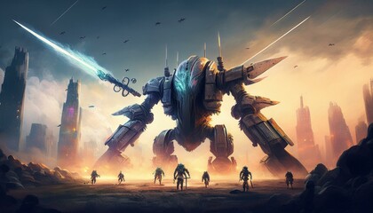 RPG Game Concept of Detailed catastrophic inside game army versus giant mecha robot on a broken city war, perfect to use for Story Boards Needs.