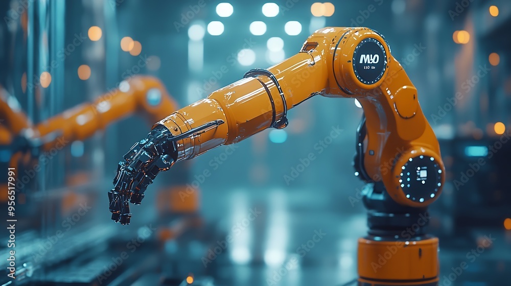 Leinwandbilder MLP Smart industry robot arms for digital factory production technology showing automation manufacturing process of the Industry 40 or 4th industrial revolution and IOT software to con : Generative AI