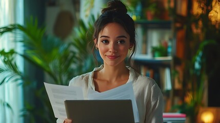 Smiling European Latin business woman accountant analyst holding documents work at laptop computer doing online trade market tech research Focused Hispanic businesswoman with paperwork : Generative AI