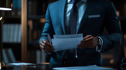 Male lawyer working with legal case document contract in office : Generative AI