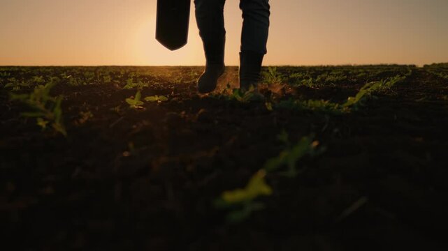 Agribusiness and soil cultivation, legs of farmer stepping on ground, closeup. Hardworking farm worker man walking alone, view of male feet in rubber boots, carrying shovel, planting and gardening