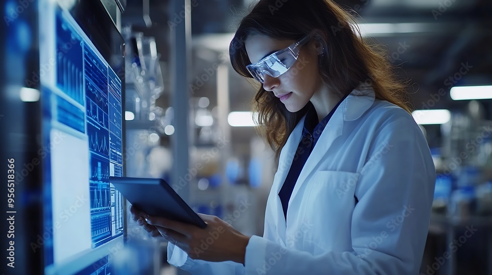 Aufkleber Female chemist tapping on digital tablet displaying scientific experiment data and charts on a virtual screen in lab Biochemical and medical industry research : Generative AI