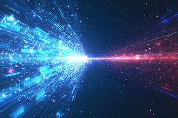 Obraz premium Dynamic abstract image of vibrant light trails and colorful particles converging towards a bright center, symbolizing speed and energy