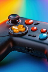 A vibrant game controller rests on a colorful gradient background illuminating gaming passion