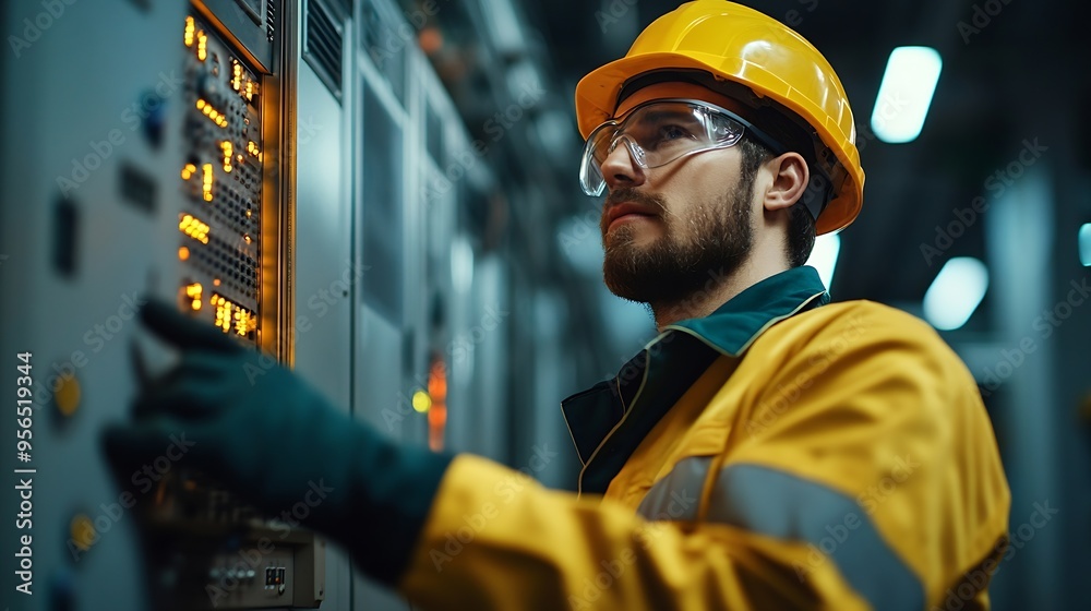 Poster professional electrical engineer in safety uniform working at factory server electric control panel 