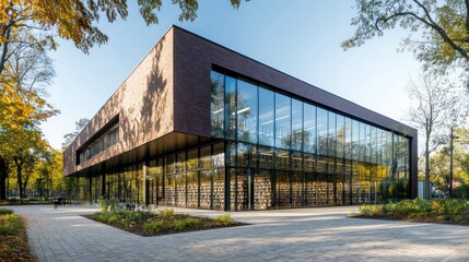 Obraz premium contemporary public library with a brick and glass exterior, integrated into a vibrant city park