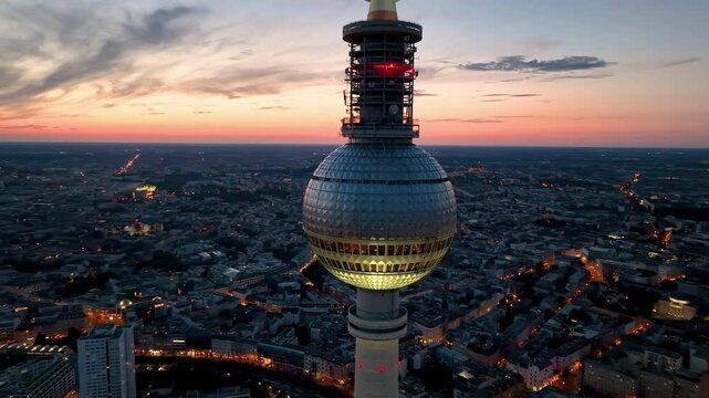 Aerial video shows a vibrant cityscape with a majestic tower famous places architectural landmarks TV Tower, Alexanderplatz at night. Berlin, Germany
