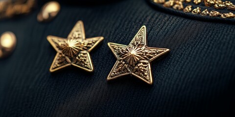 Two gold stars on dark fabric.