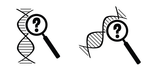 DNA with magnifying glass. DNA string, double helix spiraal line. RNA gene chromosome elements, medic atom cell. Medical concept of biochemistry with dna molecule. Analysis test tools. Search data.