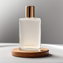 mockup of a simple white perfume bottle on a white background, elegantly placed on a platform