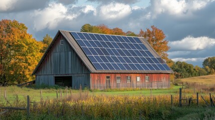 Obraz premium A rustic barn with solar panels in a colorful autumn countryside, showcasing the harmony between renewable energy and traditional farming.