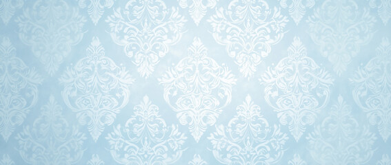 Elegant Light Blue Damask Pattern Background with Ornate Floral Design in a Subtle and Classic Style