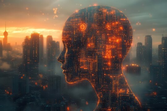 futuristic cityscape merging with a giant human head profile filled with glowing circuit patterns and binary code symbolizing the integration of ai and iot