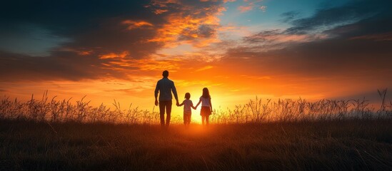 Fototapeta premium Family Holding Hands at Sunset in a Scenic Field with Dramatic Sky and Vibrant Colors