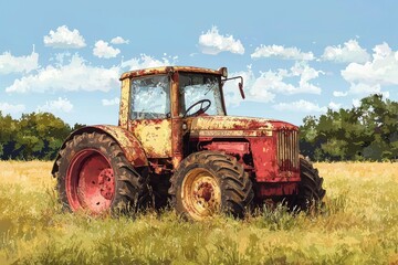 Obraz premium Rusted Farm Tractor Parked in a Field of Grass
