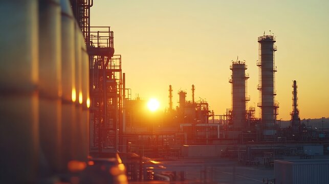 Industrial equipment against clear sky at oil refinery during sunset : Generative AI
