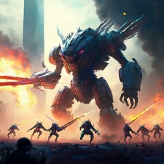 RPG Game Concept of Detailed catastrophic inside game army versus giant mecha robot on a broken city war, perfect to use for Story Boards Needs.