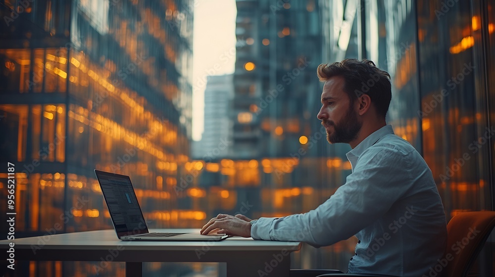 Poster A man is seated at a desk using a laptop computer in a building The desk is a piece of furniture with a shelf for office equipment : Generative AI