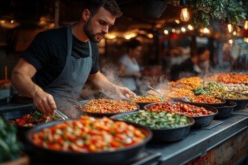 Obraz premium A street food festival with stalls from around the world, offering diverse and exotic dishes. Generative AI
