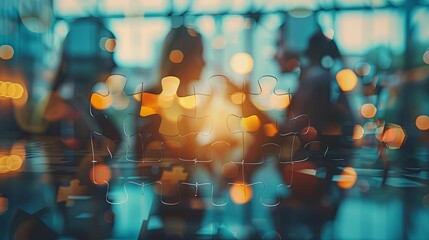 Abstract Puzzle Pieces with Blurred Background of People and Lights