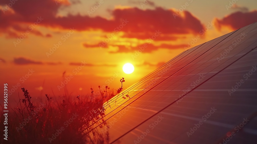 Aufkleber solar panel against sunset sky background photovoltaic alternative electricity source idea for susta