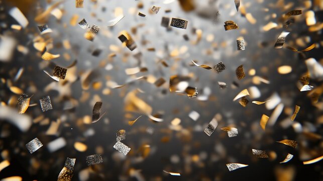 3D projection of gold and silver confetti over transparent background