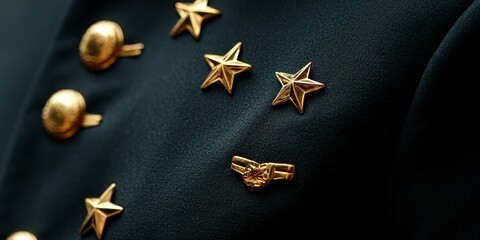 Gold stars and buttons on a dark blue uniform.
