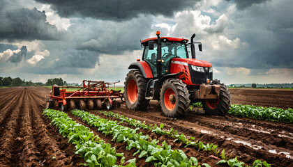 Fototapeta premium Tracteur labourant un champ sous un ciel orageux